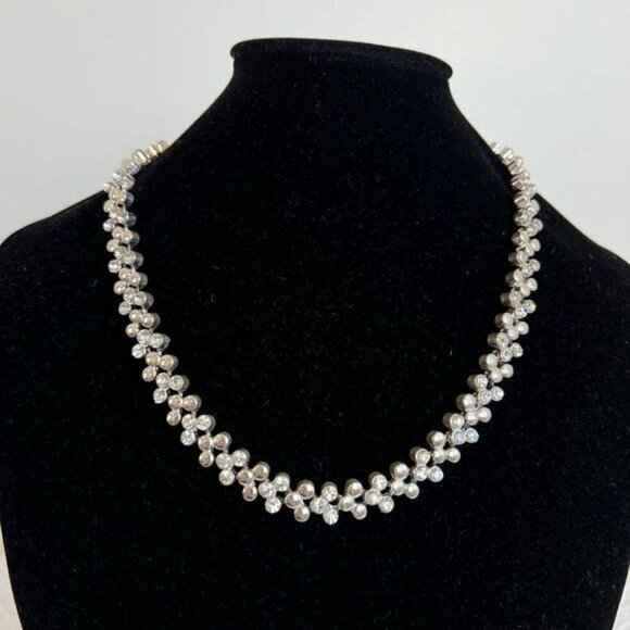 Vintage Silver Tone Crystal Statement Necklace Choker Jewelry Ornate Shiny - Picture 2 of 7